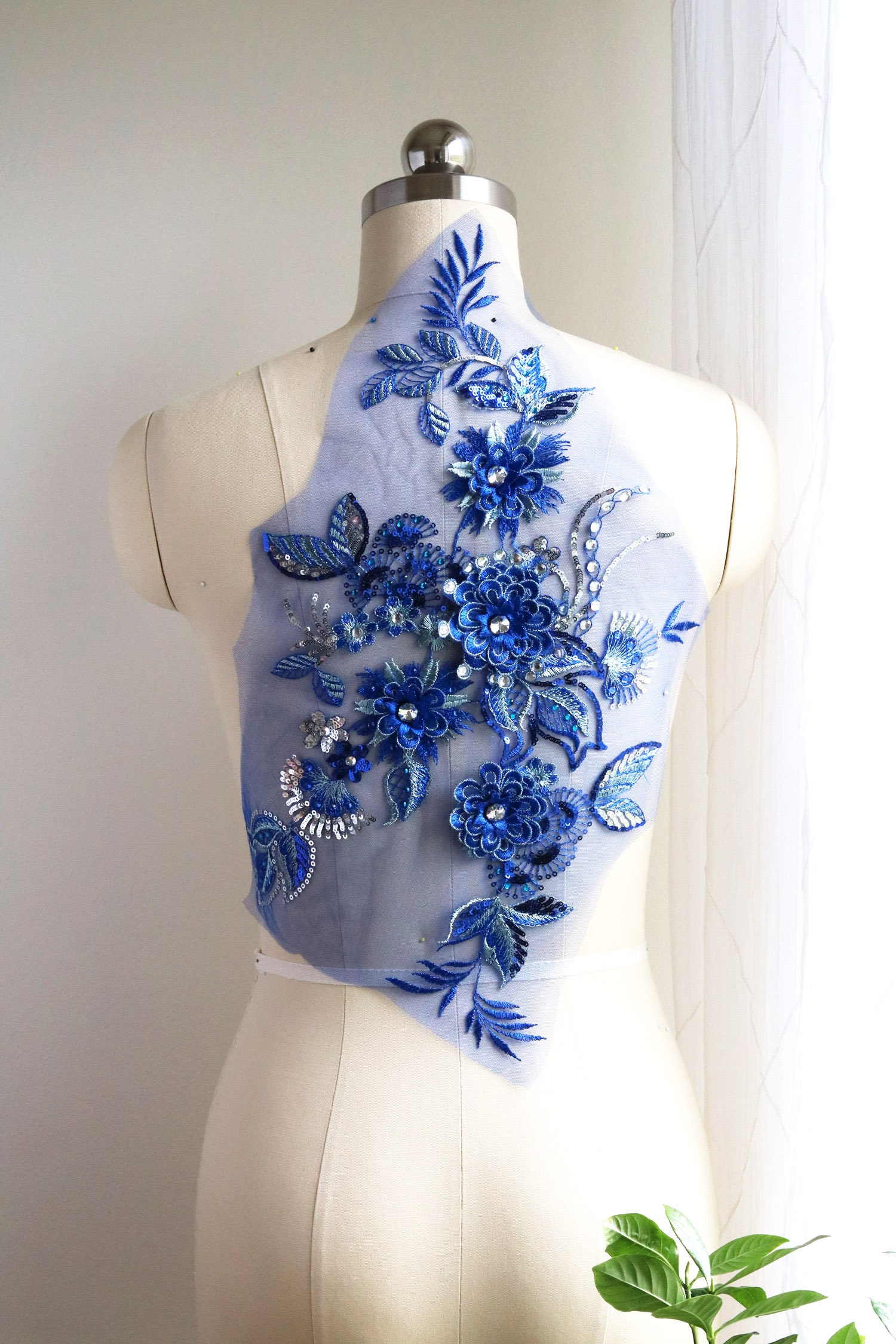 Large Crystal Lace Applique Royal Blue 3D flower Lace | Etsy