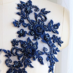 A140-m Handmade Navy Blue Beaded Lace Appliqué 3D Lace - Etsy