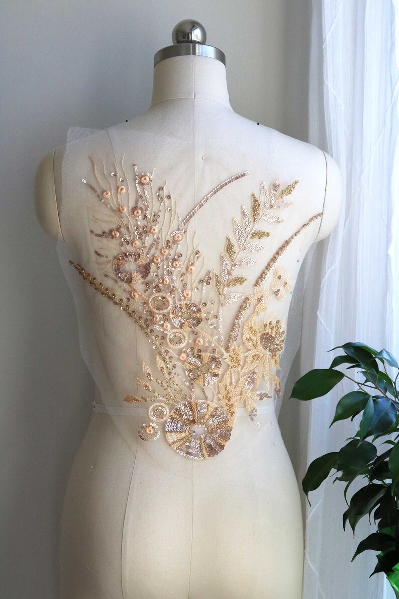 A170-b Gold Lace Applique Unique Lace Applique Bodice Lace Gold Champagne Gold Dancing Costume Lace Applique Heavy Beaded Lace Applique