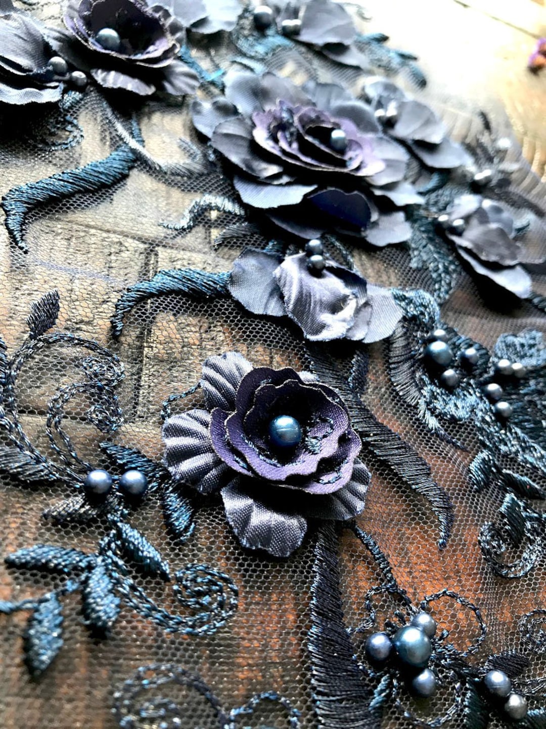 NAVY BLUE 3D Floral Embroidery Sew on Patch Lace Applique With Beaded ...