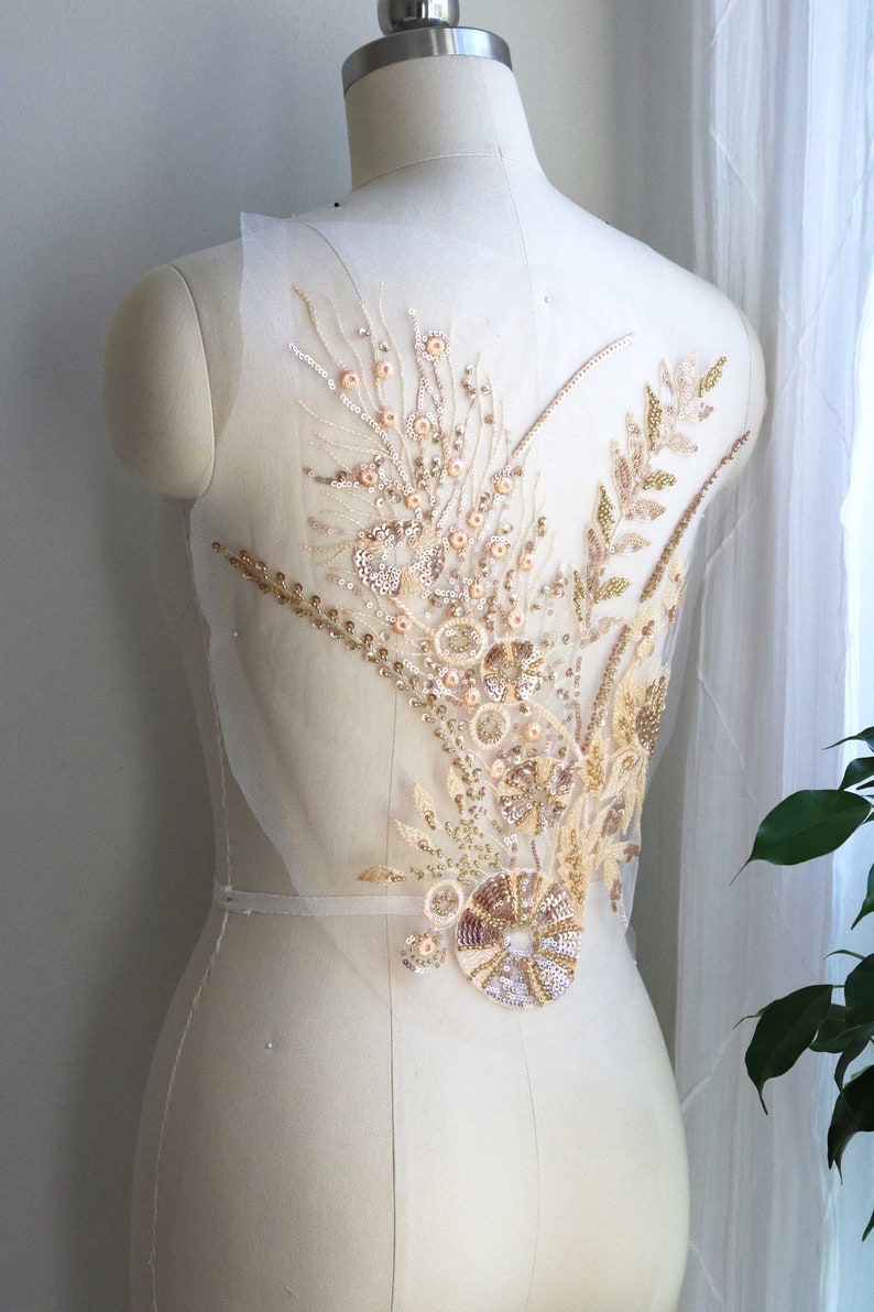 A170-b Gold Lace Applique Unique Lace Applique Bodice Lace Gold Champagne Gold Dancing Costume Lace Applique Heavy Beaded Lace Applique