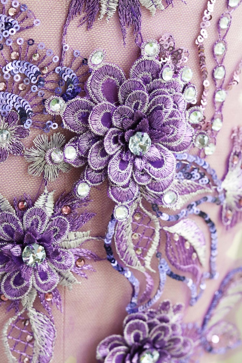 Purple 3D Flower Lace Applique Large Crystal Lace Applique Etsy Ireland