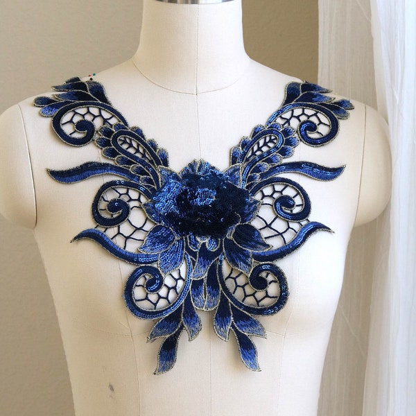 A240b  Navy Blue Gold V Neckline Lace Appliqué with Sequin, Floral Embroidered Neckline Lace Applique for Mother of bride Dress