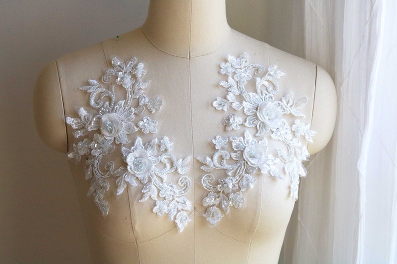 A140-c Handmade Off White Beaded Lace Appliqué, Bridal Lace Applique, 3D Lace Applique, Mirror Pair, Dancing Costume Lace Applique Off White 