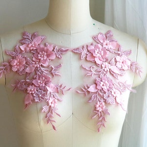 ROSE GOLD (BLUSH) 3D Mirrored Pair Bead on Pearl Lace Applique, Floral Leaf Design for Homemade Dance Costume, Ballet, Prom Dress, A139-F
