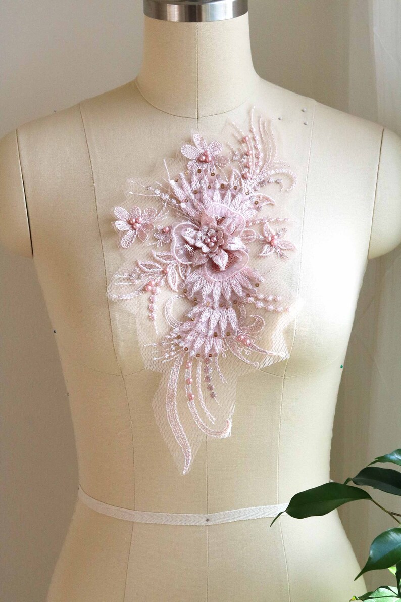 Pearl Beaded Applique Dancing Costume Lace Lyrical Dancing Costume Lace 3D Lace Applique A166-a Rose Gold Lace Appliqu\u00e9