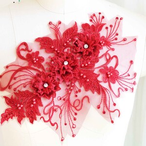 BRIGHT RED 3D Flower Pearl Beaded Lace Applique with Rhinestone and Sequin for Lyrical Dancing Costume, Evening Gown, Ballet A136-B
