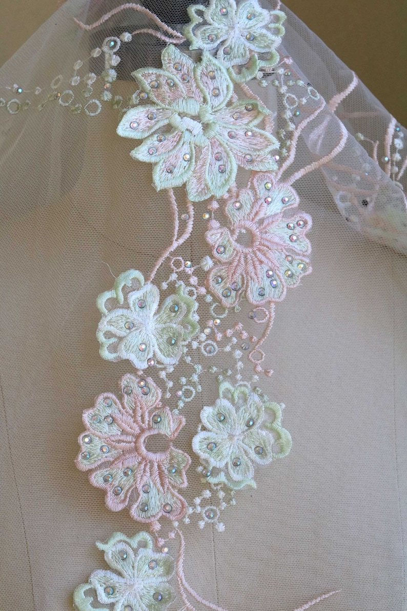 BABY PINK MINT 3D Lace Fabric With Rhinestones, Green Seaweed Lace ...