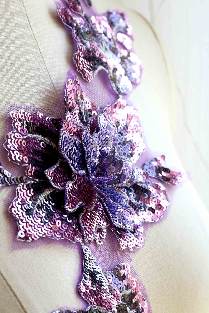 3d Sequin Lace Applique Lace Applique Bling Dancing Costume Lace Applique Purple A190-a Purple Sequins Lace Applique Shiny Lace Applique