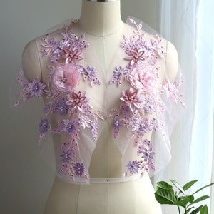 LAVENDEL Rosa 3D Blumen Motiv Applikation, Perlen Perlen bestickte Spitze für Lyrical Dancing Kostüm, Abendkleid, Ballett, Abschlussball Kleid A130-D