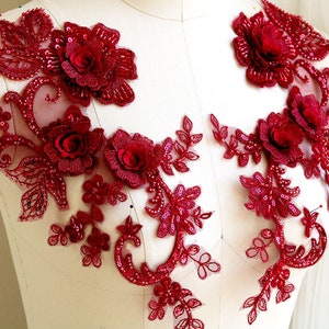 BOURGOGNE Broderie florale 3D appliquée en dentelle à sequins pour un costume de danse haute couture, robe de bal, robe de soirée, jupe, bandeau A262-B