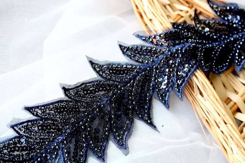 A099 Heavy Beaded Long Leaf Lace Trim Navy Blue Lace Trim Etsy