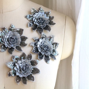 Applique 3D en dentelle de fleurs à sequins argentés, dentelle pour une seule fleur, costume de danse appliqué en fleurs, dentelle pour la tête, lacet de chaussures, fleur de poignet A153-F