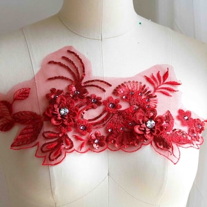 MATCHING Piece, Red Lace Applique, Small 3D flower Lace Applique, Crystal Embroidered Dancing Costume Lace Applique C