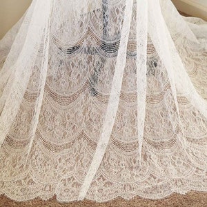 Tecido de renda de cílios chantilly marfim claro para vestido de noiva-3 jardas, renda de véu de noiva, vestido de casamento, tecido de renda francesa F015-A