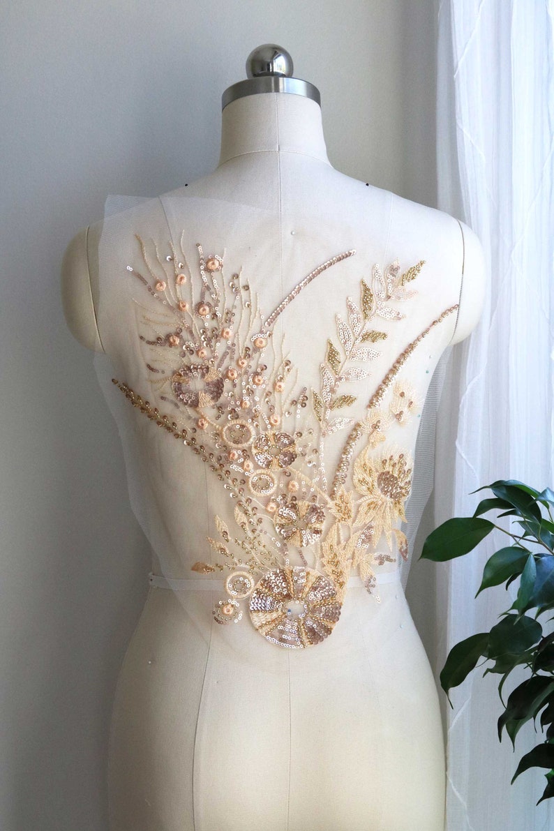A170-b Gold Lace Applique Unique Lace Applique Bodice Lace Gold Champagne Gold Dancing Costume Lace Applique Heavy Beaded Lace Applique