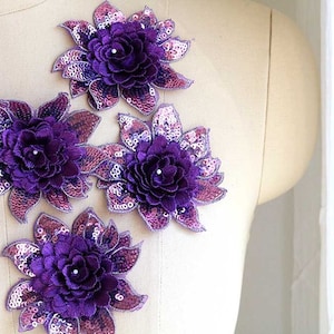 Appliques de dentelle florale à sequins 3D VIOLET, dentelle à une seule fleur, costume de danse dentelle florale, bandeau, lacet de chaussure, fleur de poignet A153-E