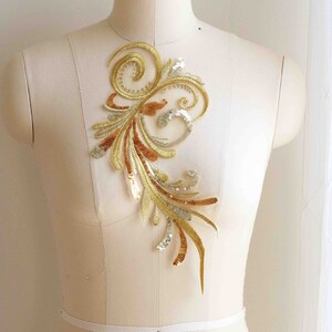 GOLD Sequin Lace Applique for Prom Dress, Evening Dress, Gown, Bling Lace Patch, Unique Lace Tail Design A133-C