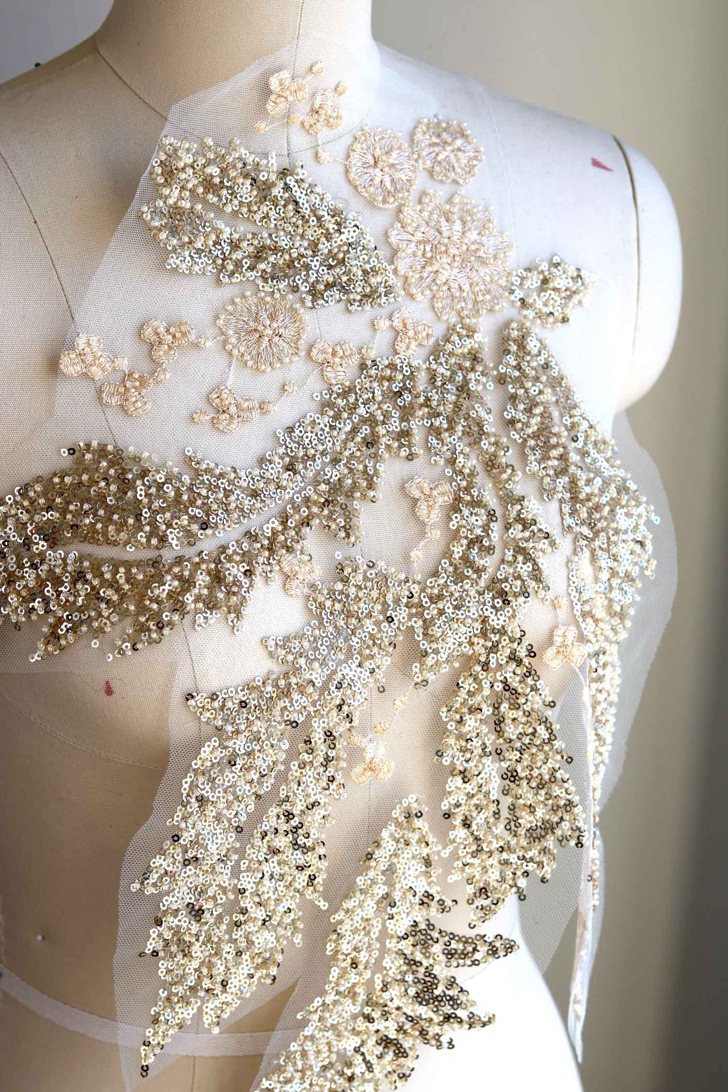 A091-a Large Heavy Beaded Leaf Champagne Lace Applique With | Etsy
