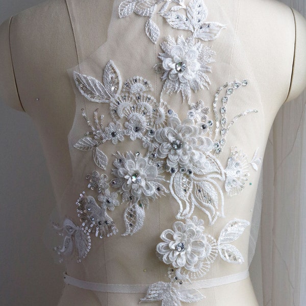 OFF WHITE 3D Crystal Flower Embroidered Lace Applique with Rhinestones for Bridal. Gowns, Dance Costumes, Gowns. Large and Small A131-K