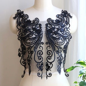 BLACK Zarte Blumen Braut Stickerei Mieder Applikation, Rayon Schwarzes Brautkleid Motiv Spitzenbesatz mit Pailletten für Tanzkostüm, Abschlussball A187