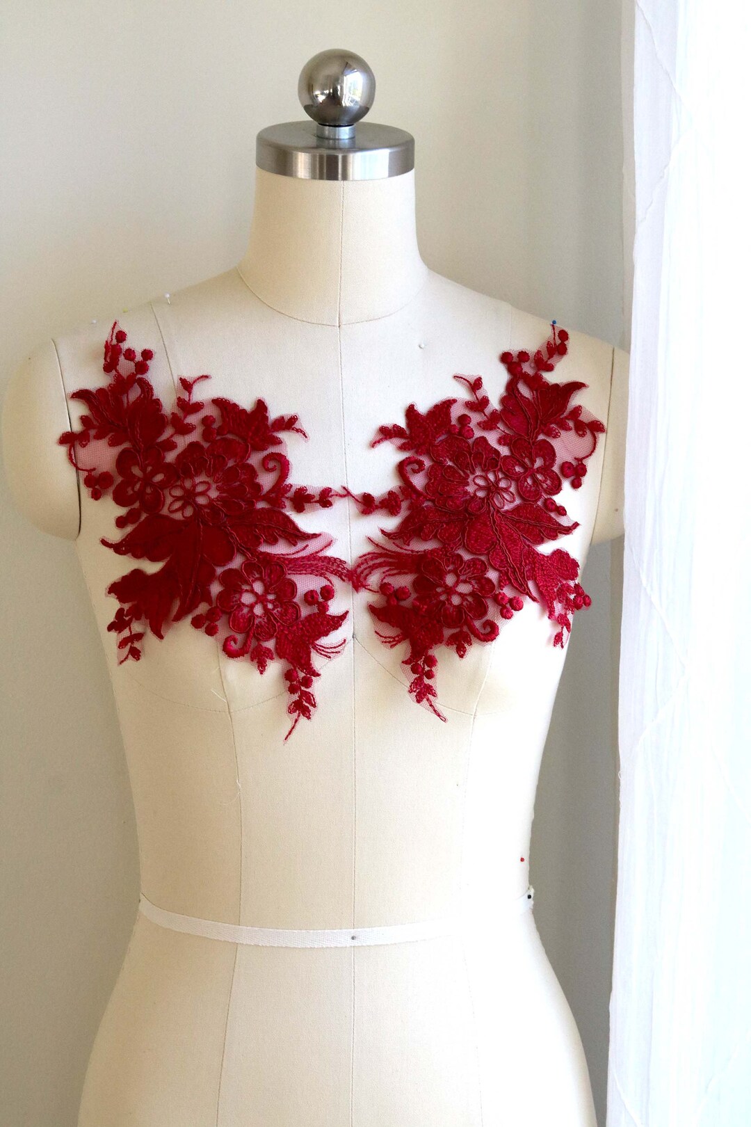 BURGUNDY Corded Lace Applique, Leaf Mirrored Pair Lace Applique ...