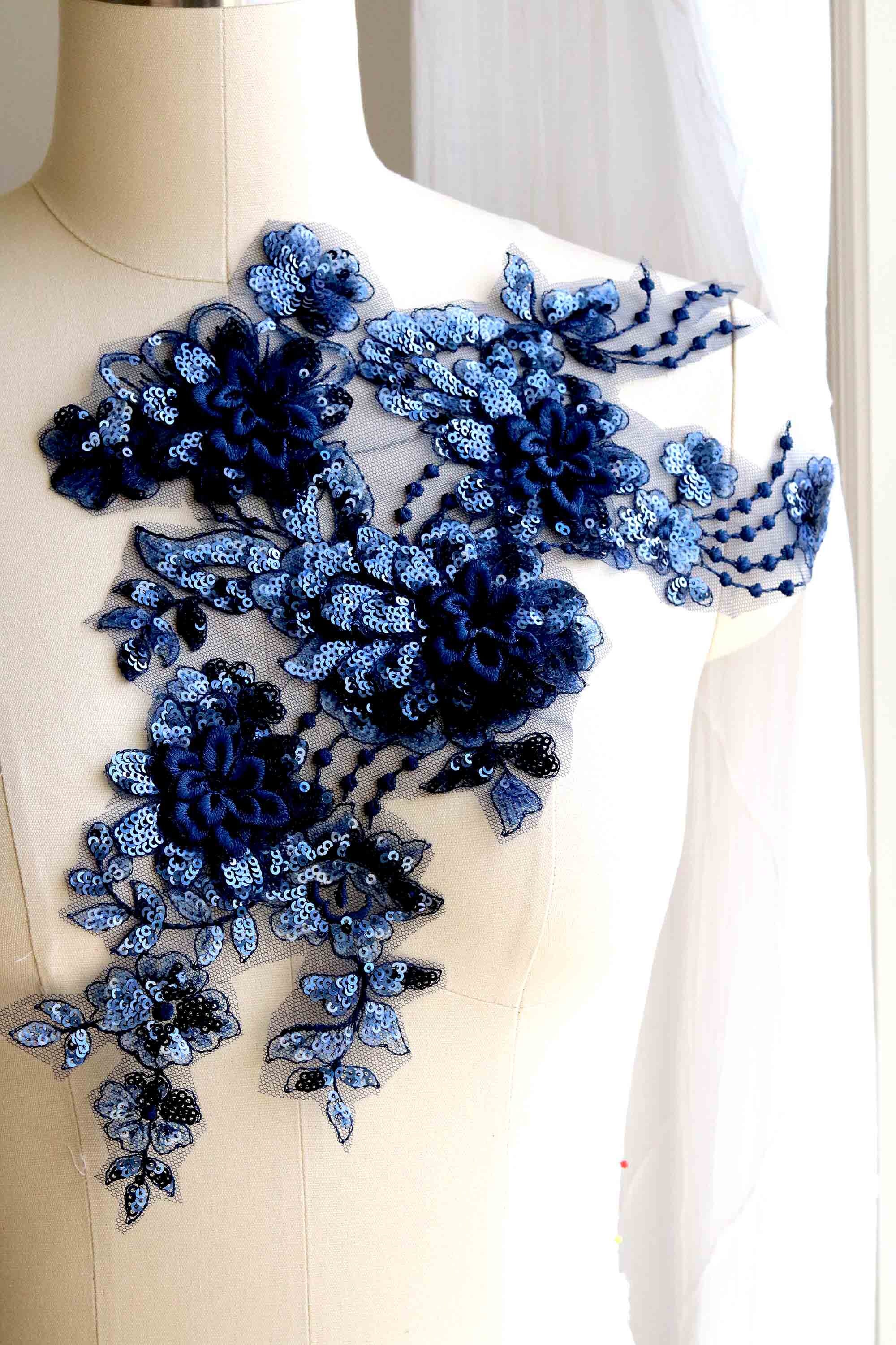 NAVY BLUE Sequin Lace Applique With Four 3D Flowers for Couture Dance ...