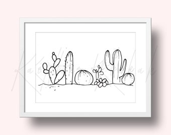 Puede incluir: Un dibujo en blanco y negro de un paisaje desértico con varios cactus y suculentas. Los cactus son altos y delgados, con tallos espinosos y pequeñas flores. Las suculentas son redondas y regordetas, con hojas lisas. El dibujo es simple y minimalista, con un enfoque en las formas y texturas de las plantas.