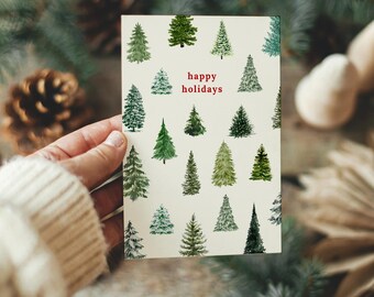 Watercolor Christmas Tree Folding Card Template Canva | Editable Holiday Card | Custom Message Inside | Printable Xmas Card Instant Download