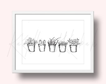 Puede incluir: Un dibujo en blanco y negro de seis plantas en maceta. Las plantas son de diferentes tipos y están dispuestas en fila. El dibujo es simple y minimalista.
