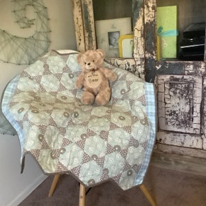 Sheep and polka dots star pattern handmade one of a kind baby quilt toddler quilt with pale blue and gray brown tones