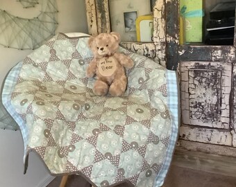 Sheep and polka dots star pattern handmade one of a kind baby quilt toddler quilt with pale blue and gray brown tones