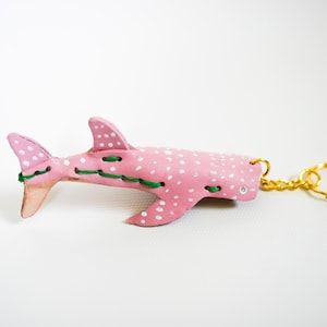 Pink Whale Shark Keychain with Green Thread - Fun Ocean Accessory, Handcrafted Genuine Leather Gift, Unique Marine Animal Lanyard Charm
