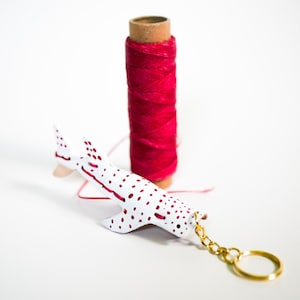 Handmade Lanyard Whale Shark Keychain: White and Red Leather Mini Whale Shark Ocean Fish Accessory for Bag Charm Car or Boat Keychain