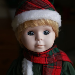 Vintage Ice Figure Porcelain Doll (Ice Skating) Boy Doll Ice Skater with Christmas Tartan Pattern Hat, Scarf, Coat, Trousers and Shoes 16 in