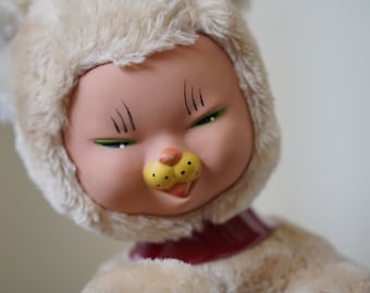 70s DDR Plush Toy Rubber Face, VEB Sonni Spielwaren Sonnneberg, former GDR, East German Gummigesicht. Collectible Stuffed Animal