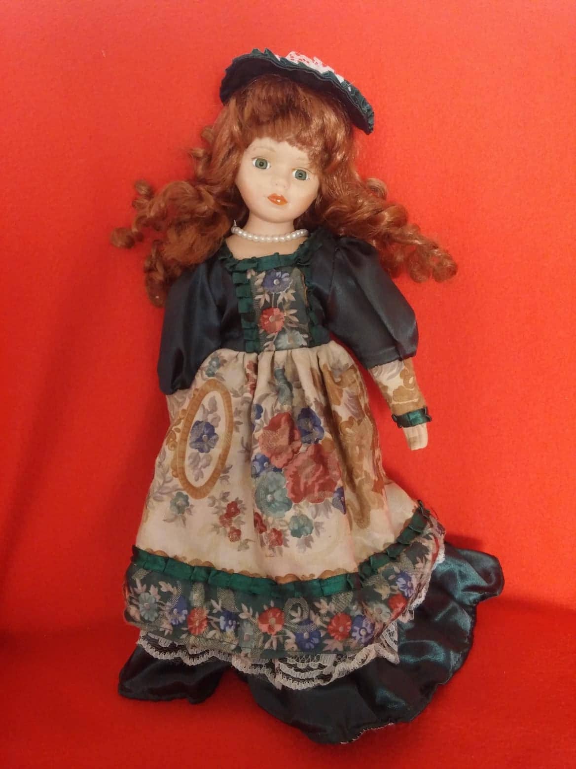 Vintage Porcelain Doll 70s or 80s, Curly Ginger Hair, Satin Hat 