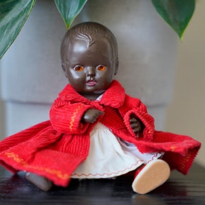 Vintage Black Rosebud Hard Plastic Doll from 1950's Made in England, 6.3 inches - Moulded Hair, Wearing Original Outfit