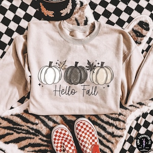 May include: Beige sweatshirt with a graphic of three pumpkins and the text "Hello Fall". The pumpkins are white, gray, and cream-colored, with leaves and stars. Red and white checkered slip-on shoes are at the bottom.