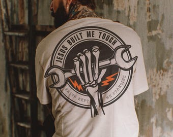 Jesus Built Me Tough | Christian Mechanic Shirt Design | Faith Kept Me Standing (Pocket Included) 10111