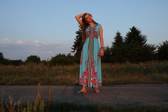70s Maxi dress with stripes and flowers, M,38