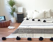 Moroccan pompom blanket, Moroccan Hand loomed Pom Pom blanket, Berber Thrwo, Wool Blanket, Bedcover,Sofa Throw, Sofa cover , CB020