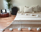 Moroccan pompom blanket, Moroccan Hand loomed Pom Pom blanket, Berber Thrwo, Cotton Blanket, Bedcover,Sofa Throw, Sofa cover , CB13