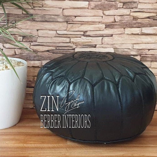 LOT 2 shops Moroccan POUFS, Premium Handmade Moroccan Leather Pouf Ottoman,Handmade Genuine Leather Moroccan Pouf, Footstool Ottoman (Black),44
