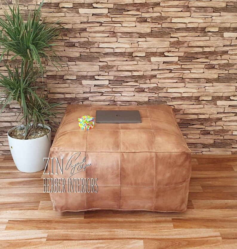 Square Leather Pouf, coffee table shops Handmade Moroccan Leather Pouf Ottoman,Handmade Genuine Leather Moroccan Pouf, Footstool Ottoman (Tan),78