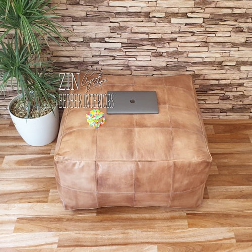 Square Leather Pouf, coffee table shops Handmade Moroccan Leather Pouf Ottoman,Handmade Genuine Leather Moroccan Pouf, Footstool Ottoman (Tan),78