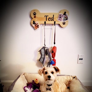Personalized Pet Gift - Dog Bone Sign - Dog Collar Holder - Custom Pet Name with Leash & Picture Hanger