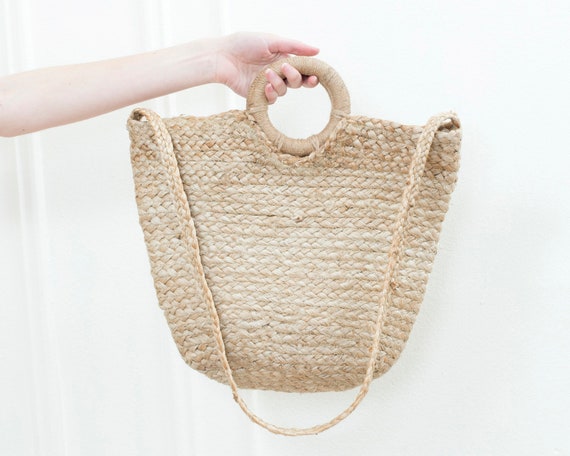 90s woven straw bag | round handle raffia woven pu