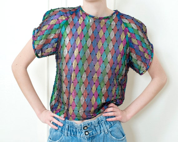 80s metallic beaded rainbow print blouse | diamond