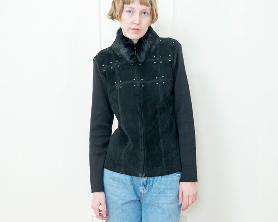 90s black suede knit jacket with rabbit fur colla… - image 1